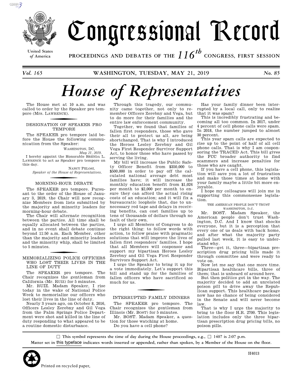 Congressional Record United States Th of America PROCEEDINGS and DEBATES of the 116 CONGRESS, FIRST SESSION