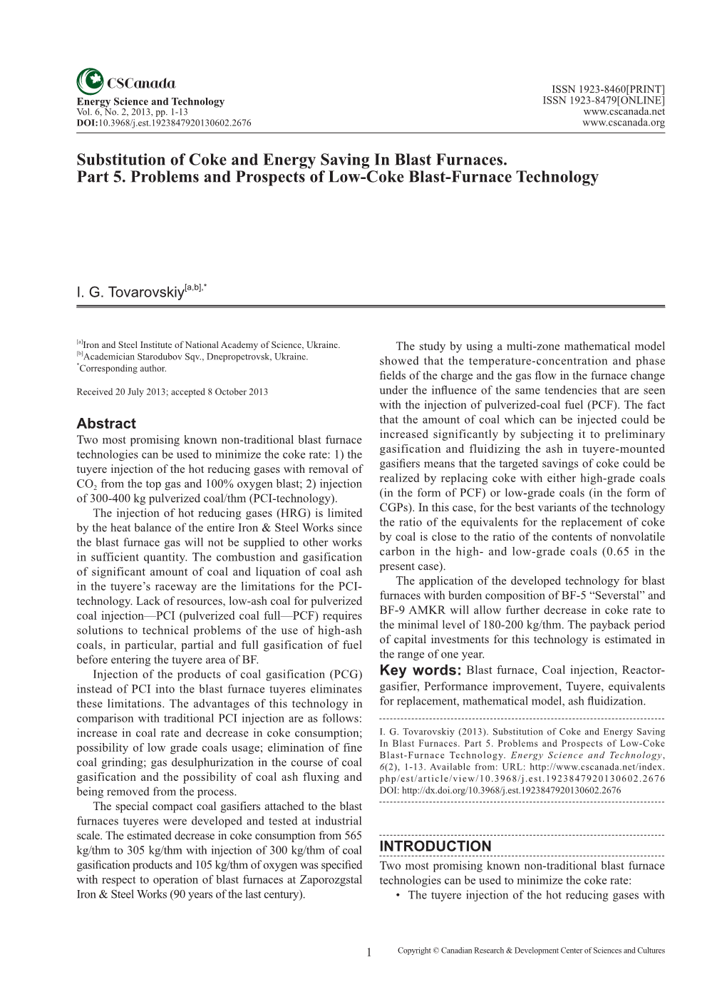 Substitution of Coke and Energy Saving in Blast Furnaces. Part 5