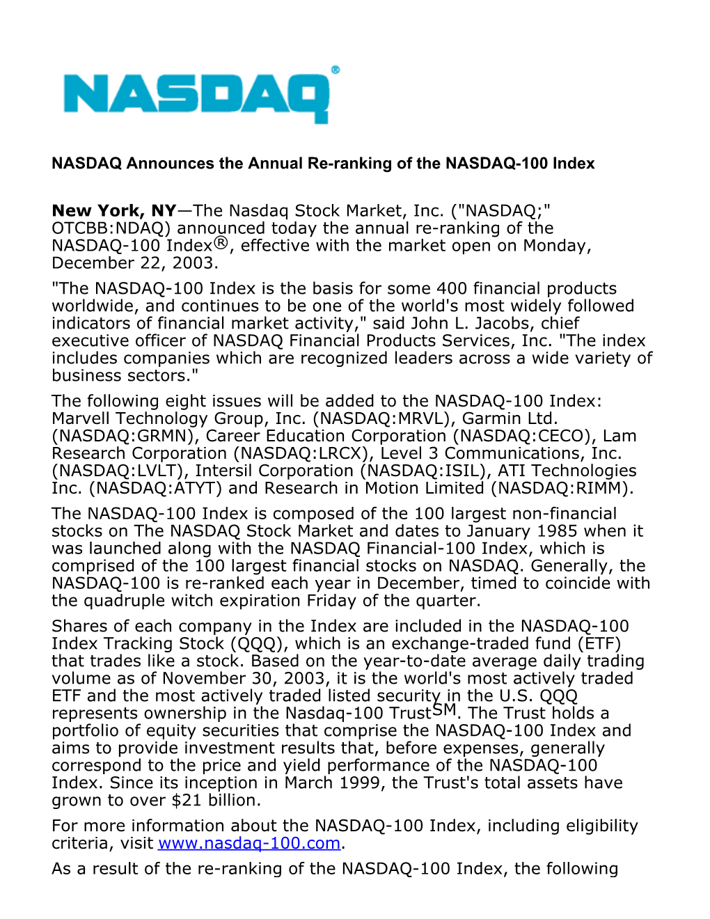 NASDAQ Announces the Annual Re-Ranking of the NASDAQ-100 Index