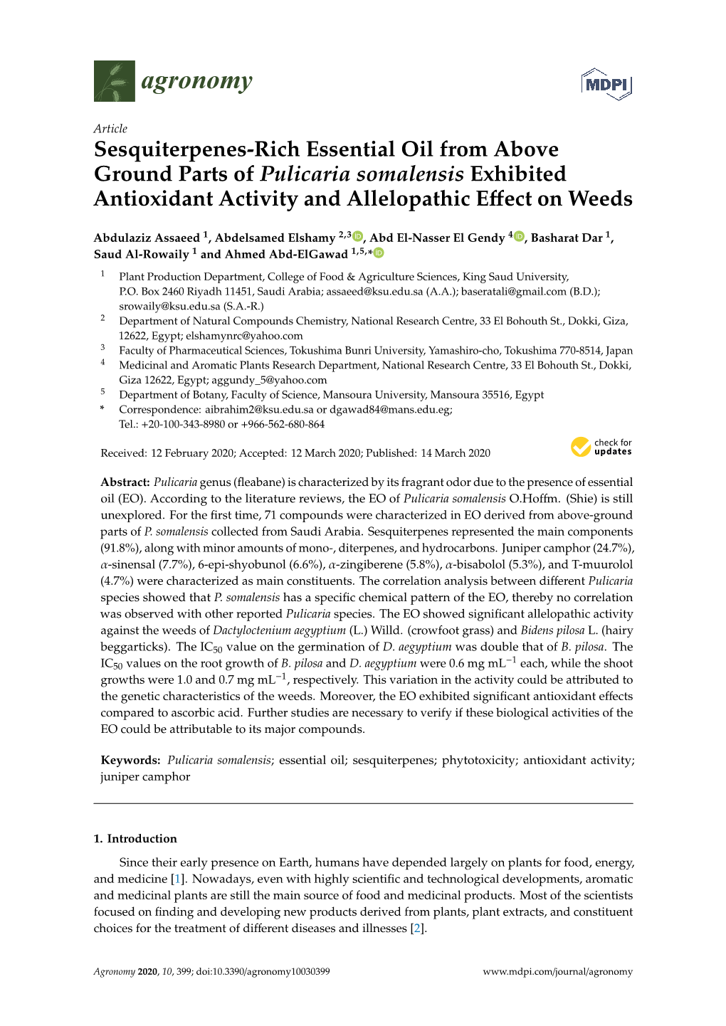 Sesquiterpenes-Rich Essential Oil from Above Ground Parts of Pulicaria Somalensis Exhibited Antioxidant Activity and Allelopathic Eﬀect on Weeds