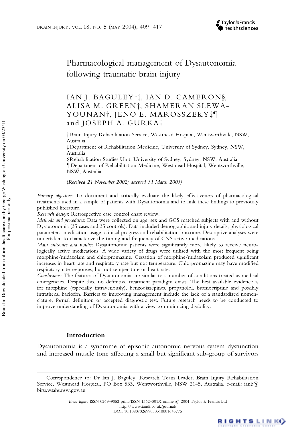 Pharmacological Management of Dysautonomia Following Traumatic Brain Injury