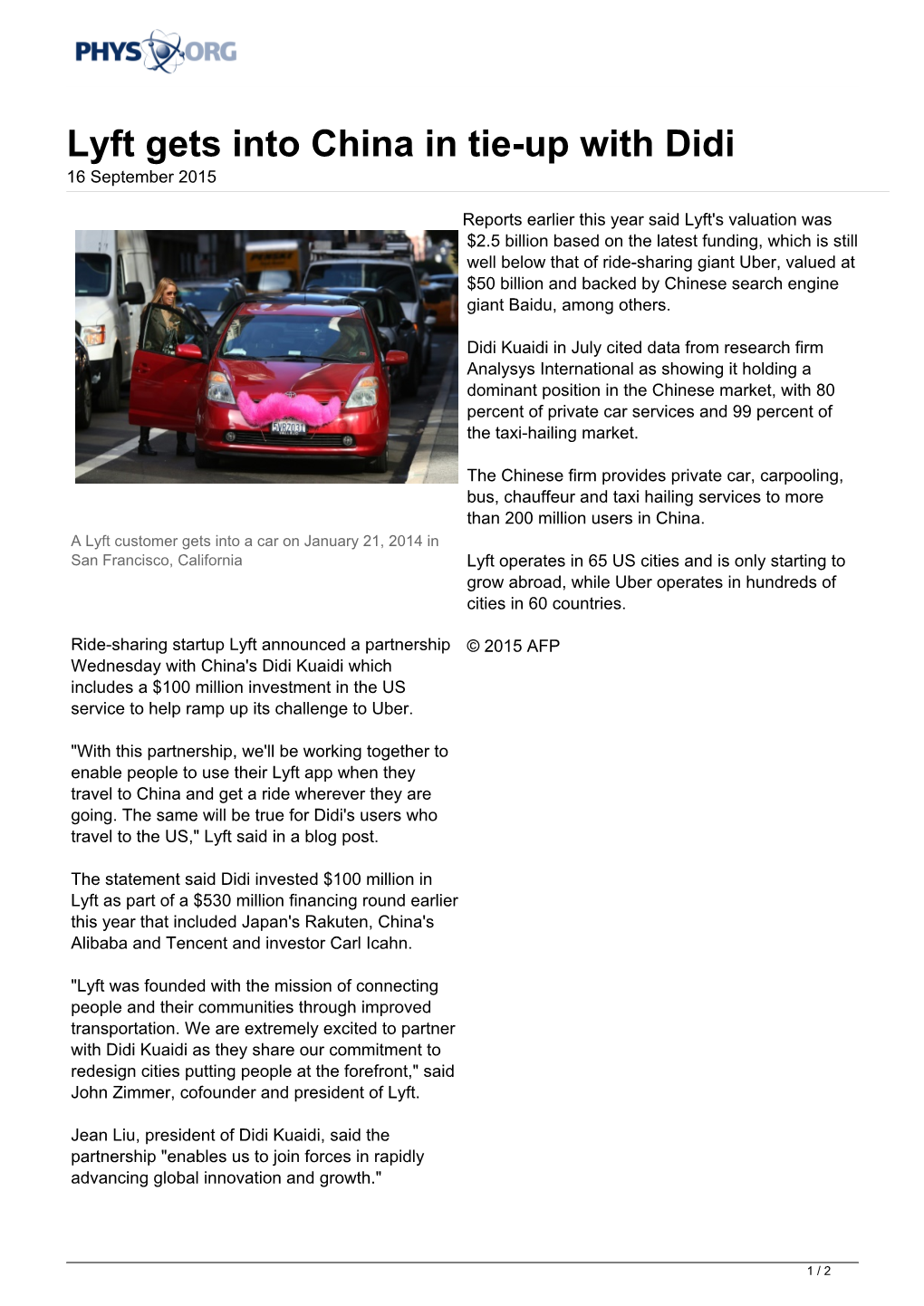 Lyft Gets Into China in Tie-Up with Didi 16 September 2015