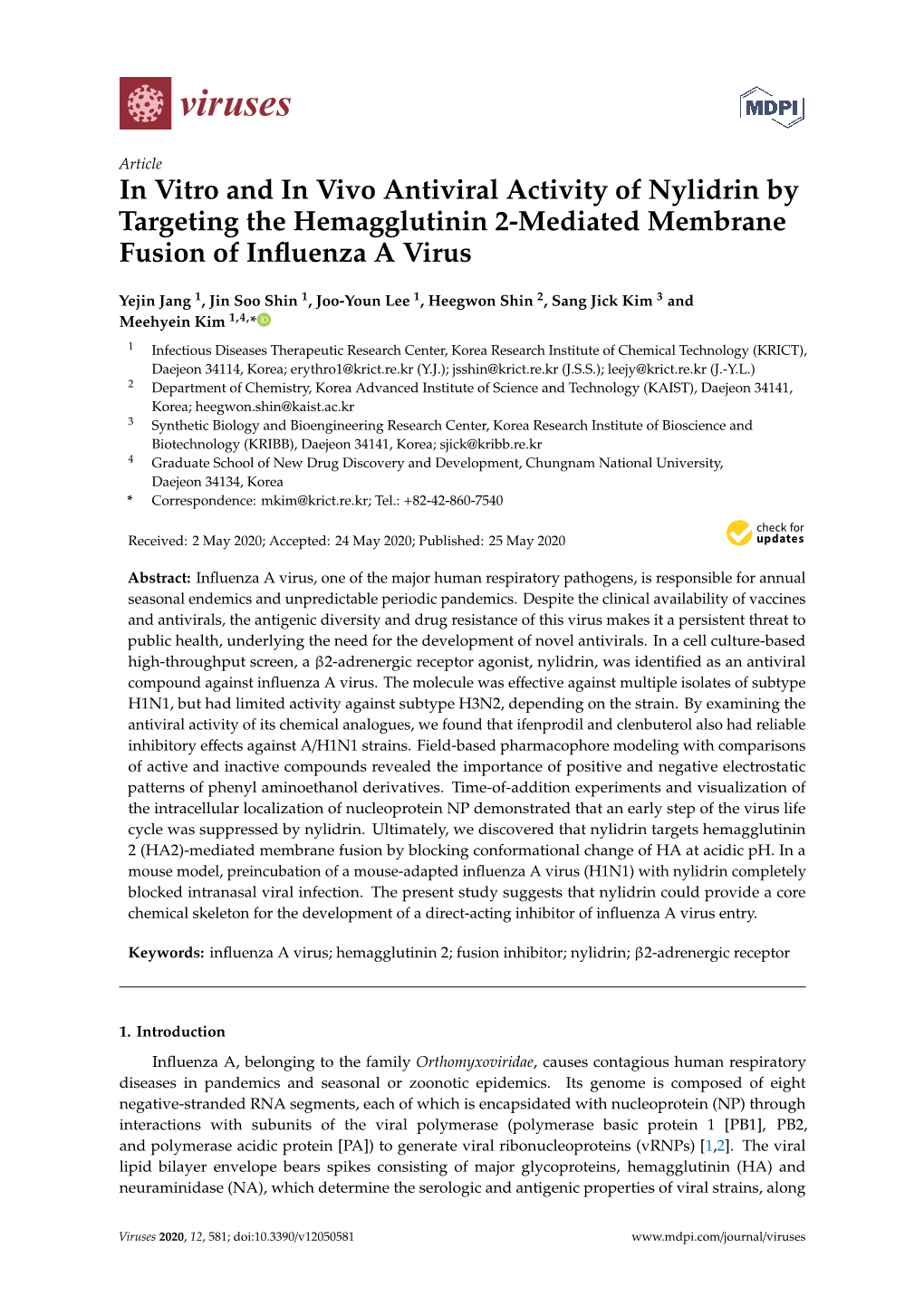 In Vitro and in Vivo Antiviral Activity of Nylidrin by Targeting the Hemagglutinin 2-Mediated Membrane Fusion of Inﬂuenza a Virus