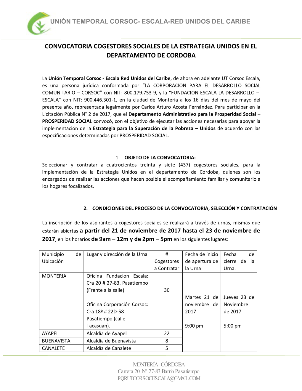 Convocatoria Cogestores Sociales De La Estrategia Unidos En El Departamento De Cordoba