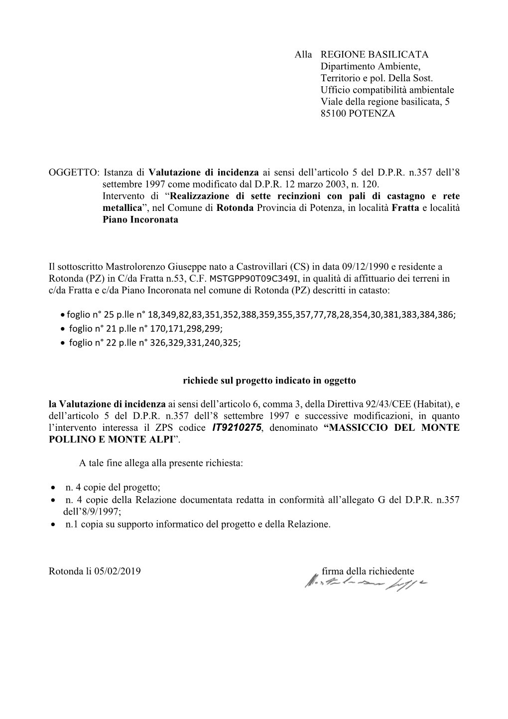 Alla REGIONE BASILICATA Dipartimento Ambiente, Territorio E Pol