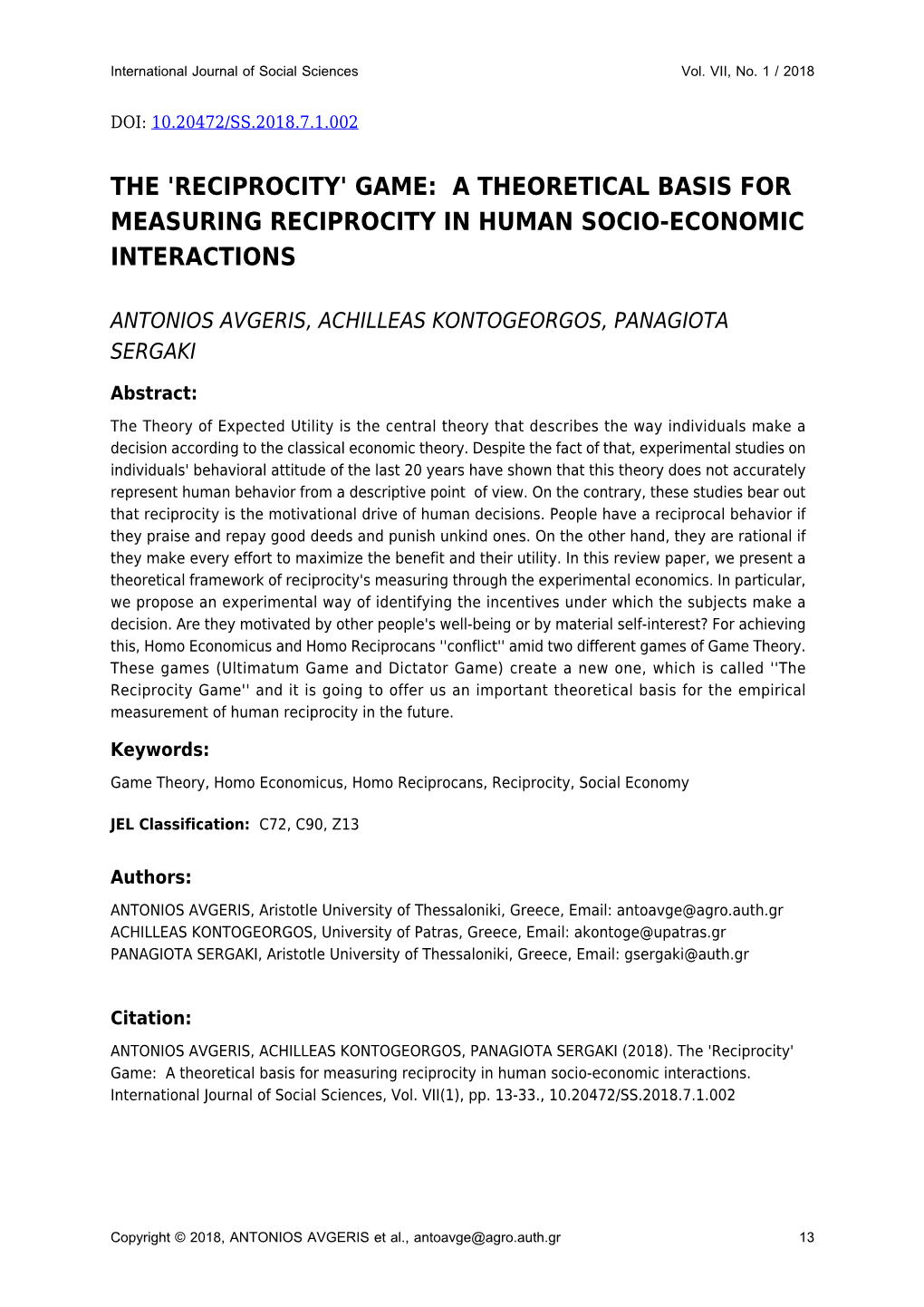 Game: a Theoretical Basis for Measuring Reciprocity in Human Socio-Economic Interactions