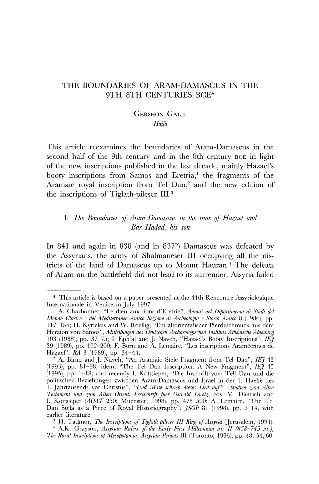 1. the Boundaries Qf Aram-Damascus in the Time Qf Ha;::Ael and Bar Hadad, His Son