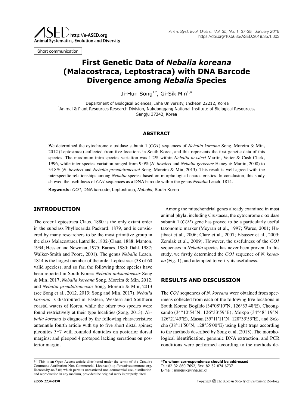 First Genetic Data of Nebalia Koreana (Malacostraca, Leptostraca) with DNA Barcode Divergence Among Nebalia Species