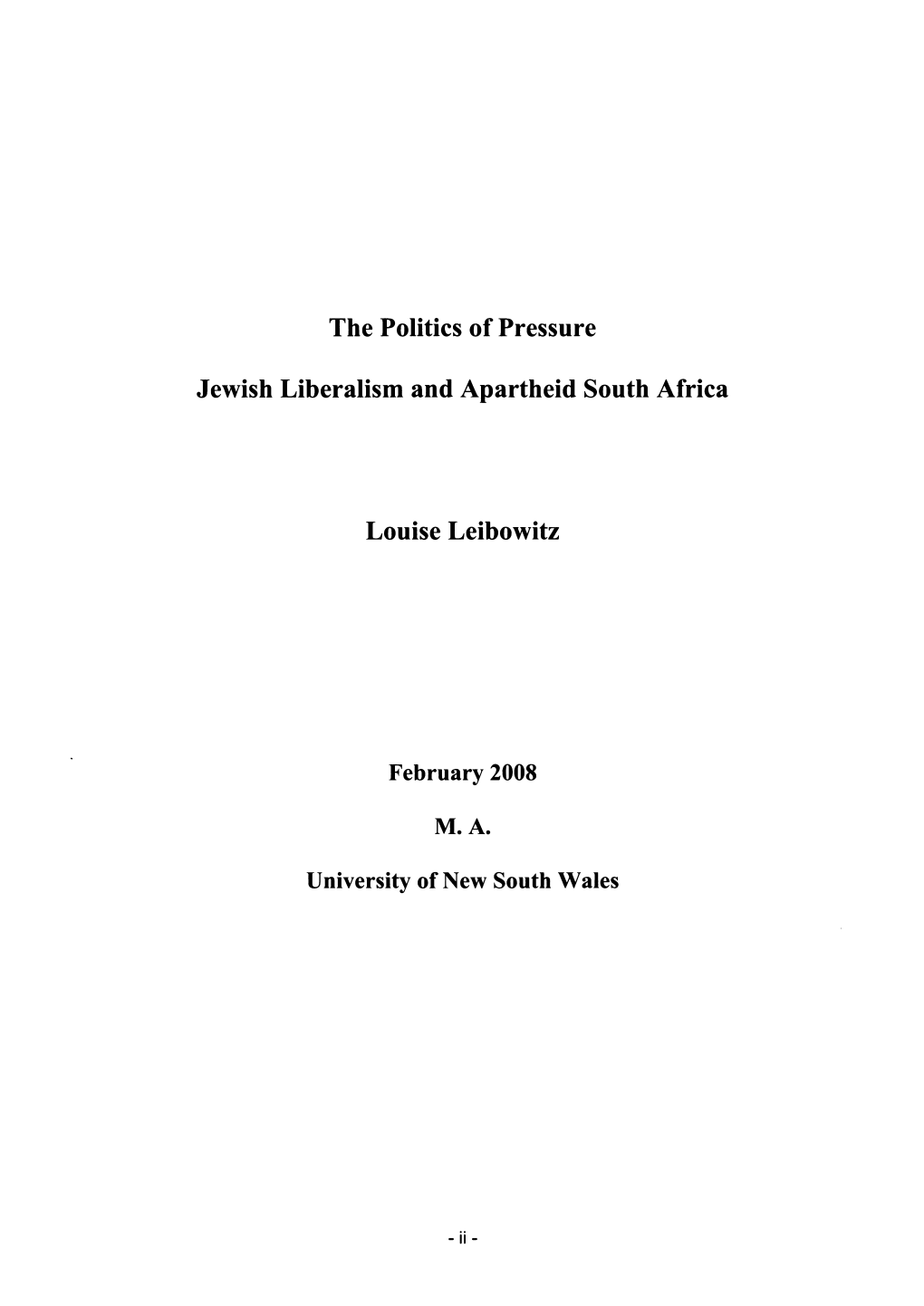 The Politics of Pressure Jewish Liberalism and Apartheid South