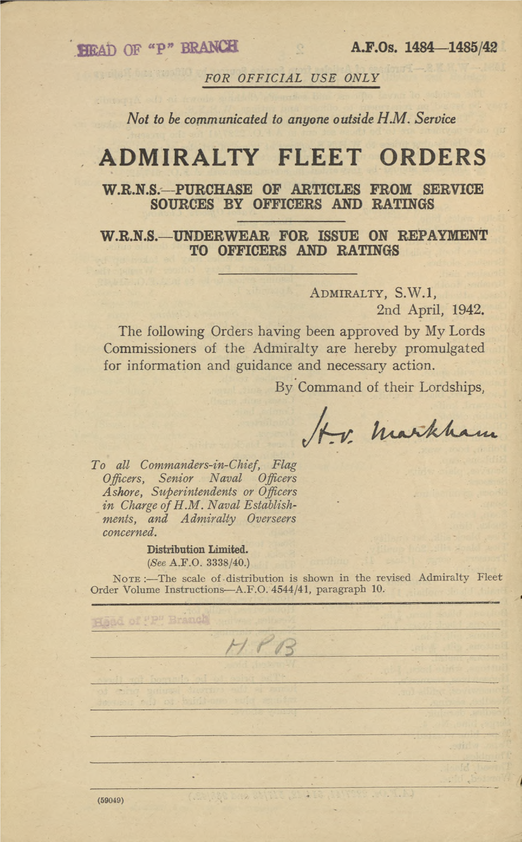 Admiralty Fleet Orders W.R.N.S.- Purchase of Articles from Service Sources by Officers and Ratings