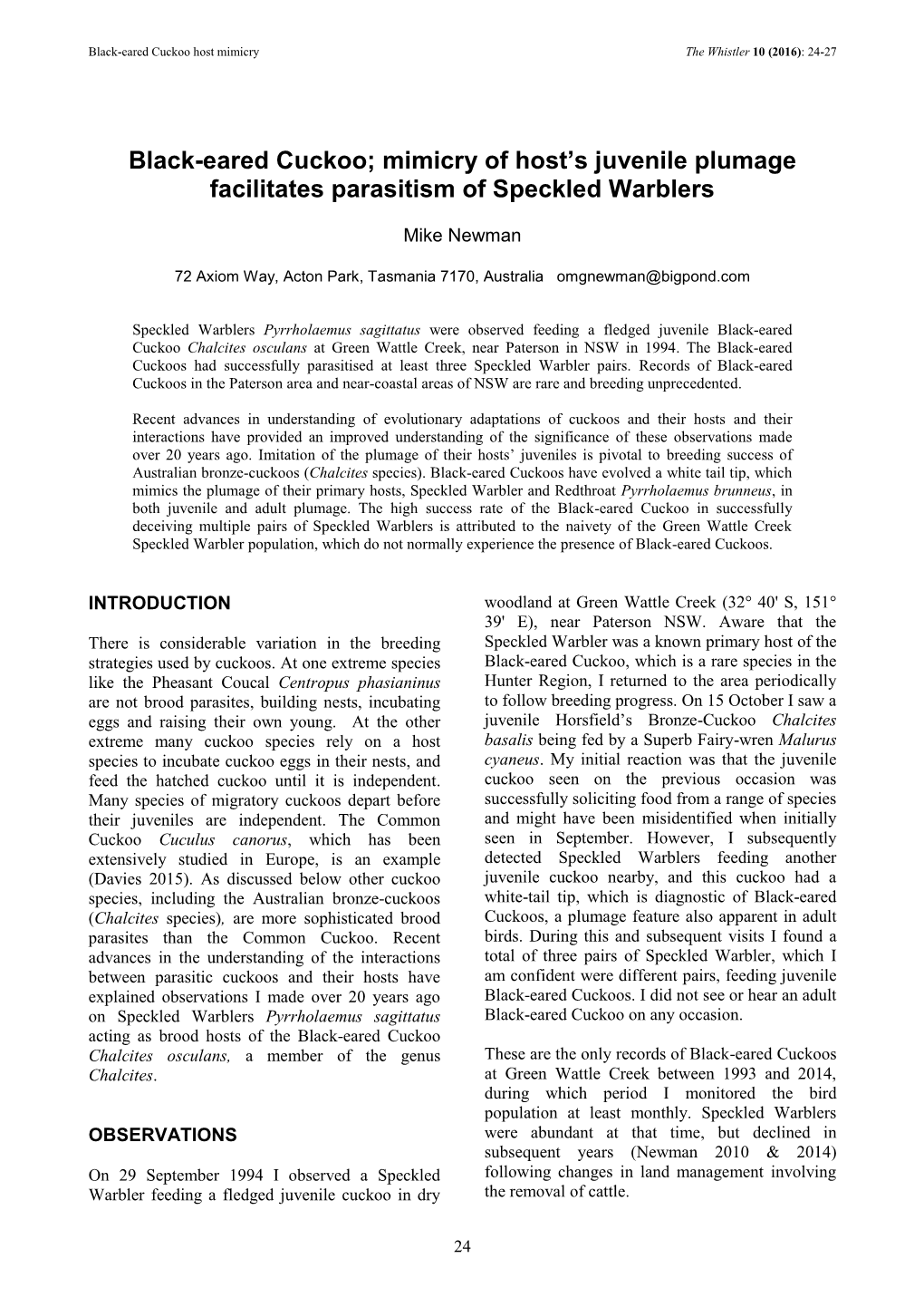 Black-Eared Cuckoo Host Mimicry the Whistler 10 (2016): 24-27