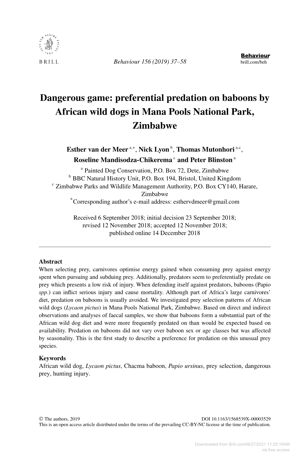 Preferential Predation on Baboons by African Wild Dogs in Mana Pools National Park, Zimbabwe