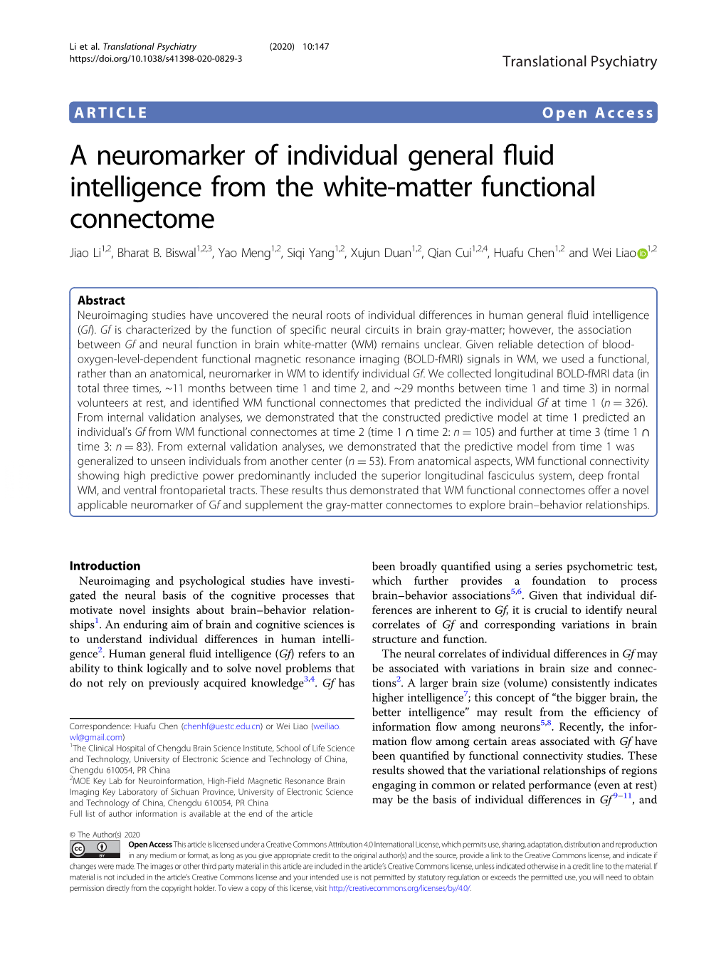 A Neuromarker of Individual General Fluid Intelligence from the White