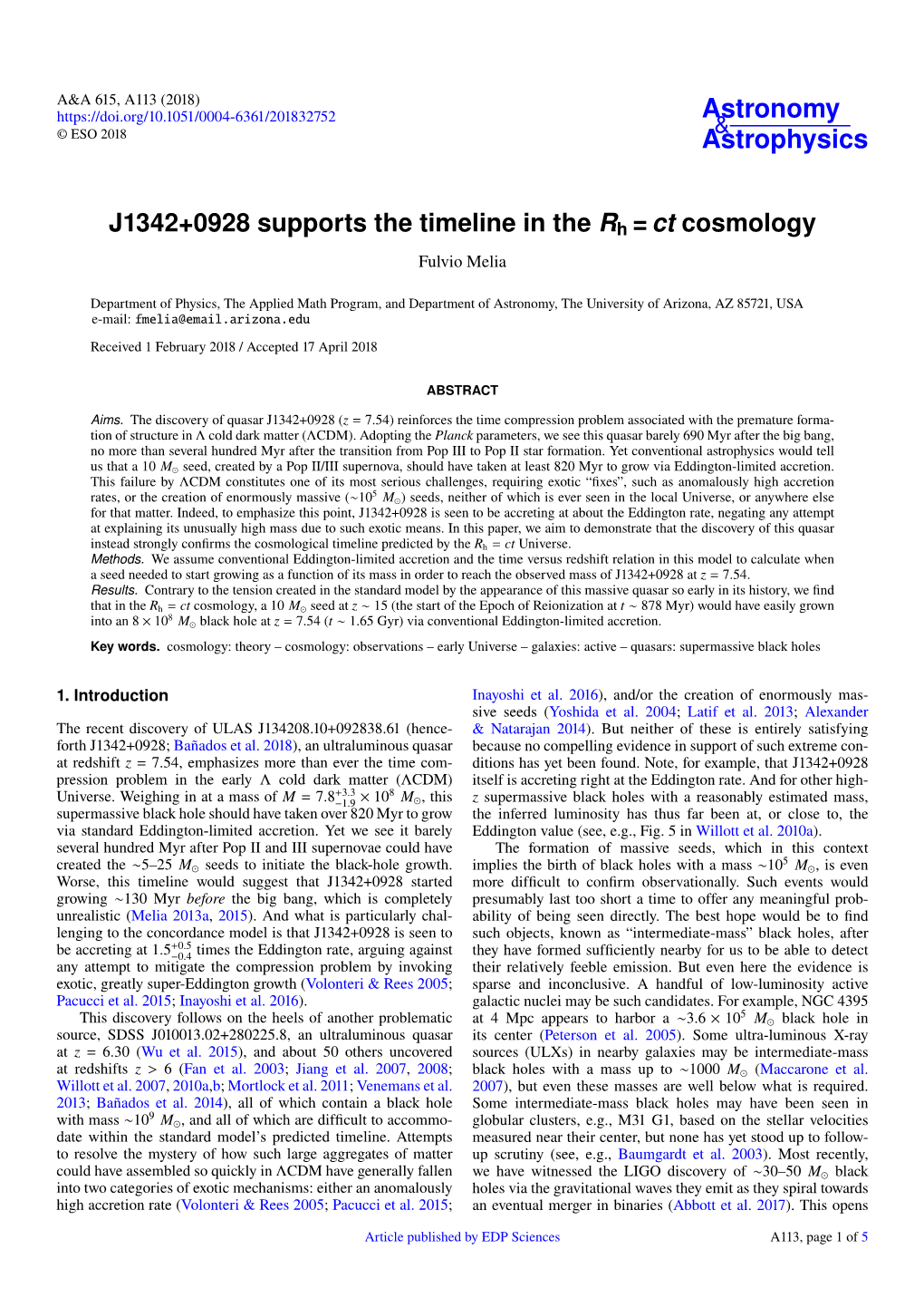 J1342+0928 Supports the Timeline in the Rh = Ct Cosmology Fulvio Melia