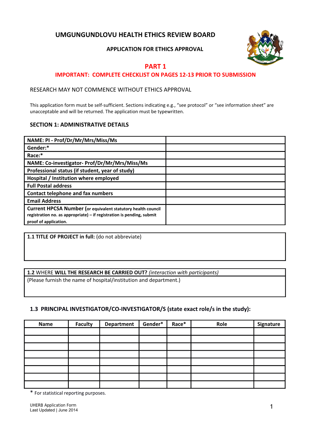 Check List for Research Application Form