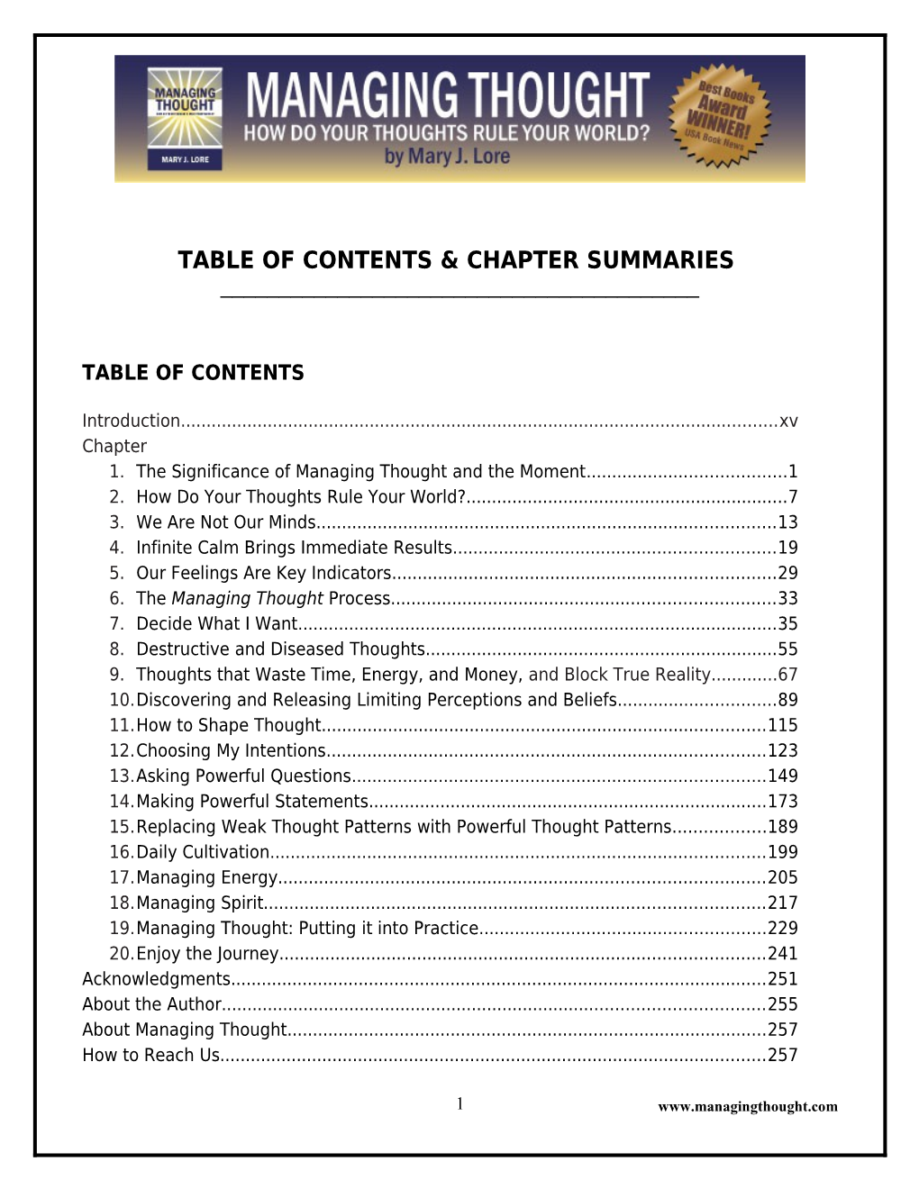 Table of Contents & Chapter Summaries