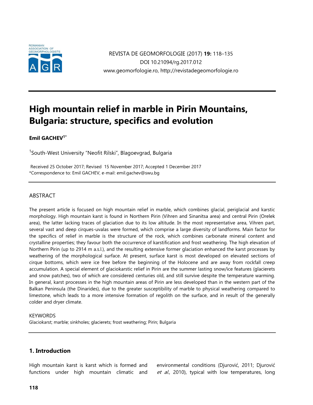 High Mountain Relief in Marble in Pirin Mountains, Bulgaria: Structure, Specifics and Evolution