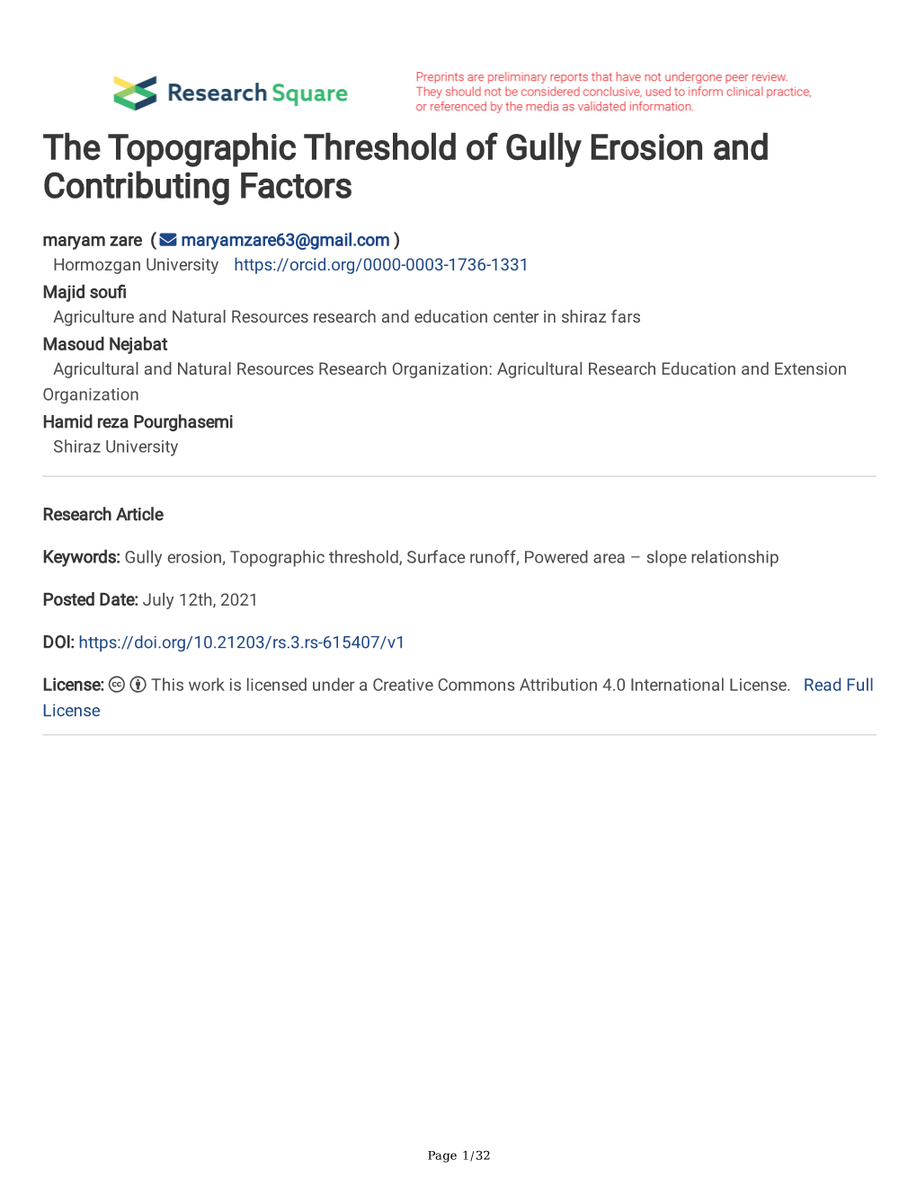 The Topographic Threshold of Gully Erosion and Contributing Factors