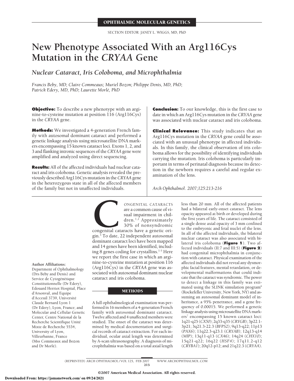 New Phenotype Associated with an Arg116cys Mutation in the CRYAA Gene Nuclear Cataract, Iris Coloboma, and Microphthalmia