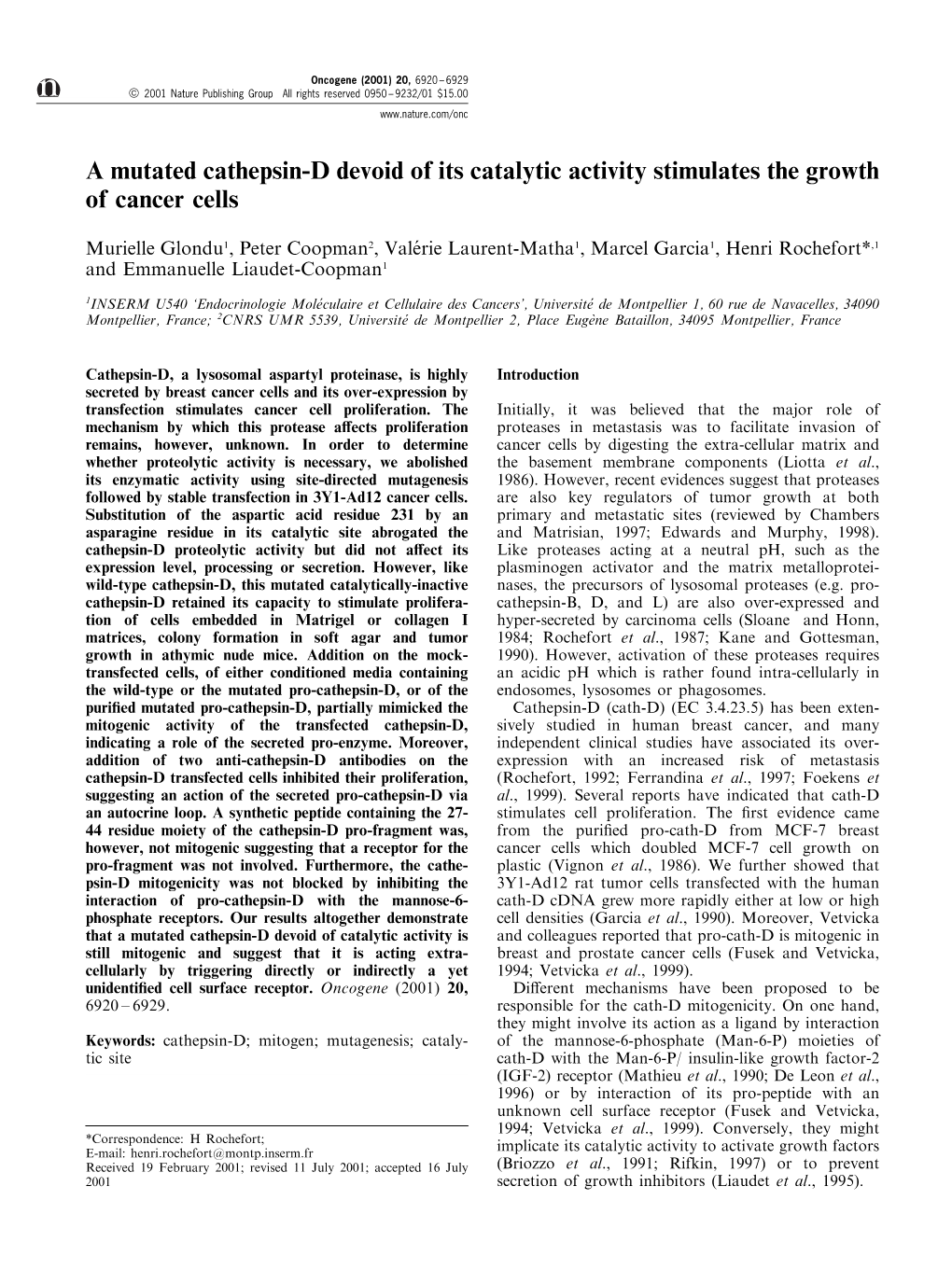 A Mutated Cathepsin-D Devoid of Its Catalytic Activity Stimulates the Growth of Cancer Cells