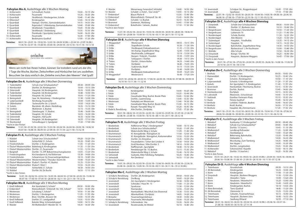Fahrplan Mo-A, Ausleihtage Alle 3 Wochen Montag Fahrplan Do-C