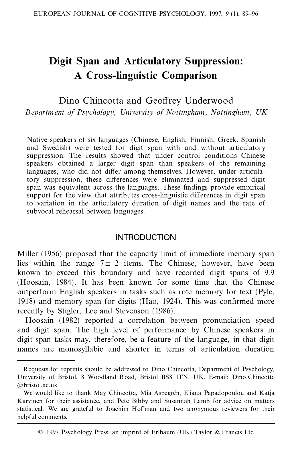 Digit Span and Articulatory Suppression: a Cross-Linguistic Comparison