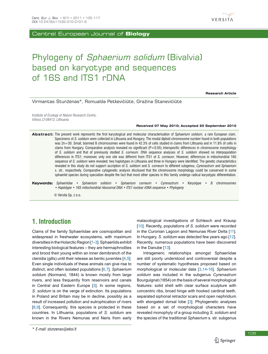 Phylogeny of Sphaerium Solidum (Bivalvia) Based on Karyotype and Sequences of 16S and ITS1 Rdna