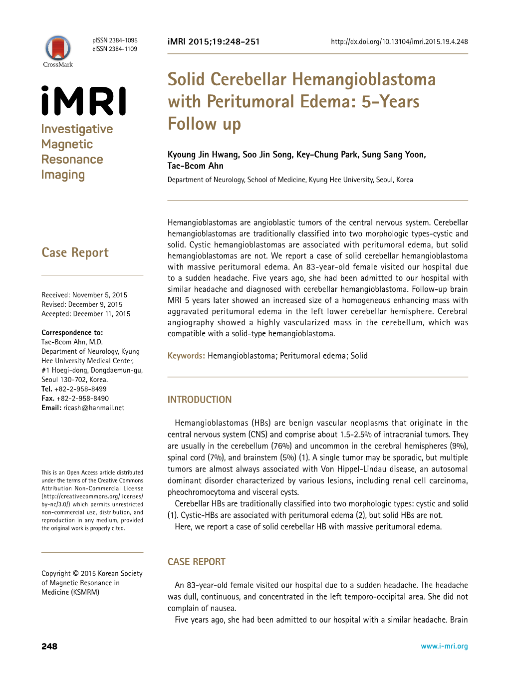 Solid Cerebellar Hemangioblastoma with Peritumoral Edema: 5-Years Follow Up