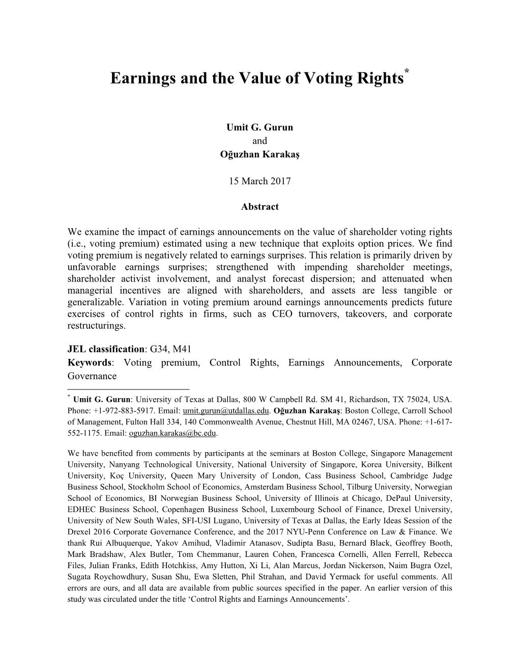 Earnings and the Value of Voting Rights*