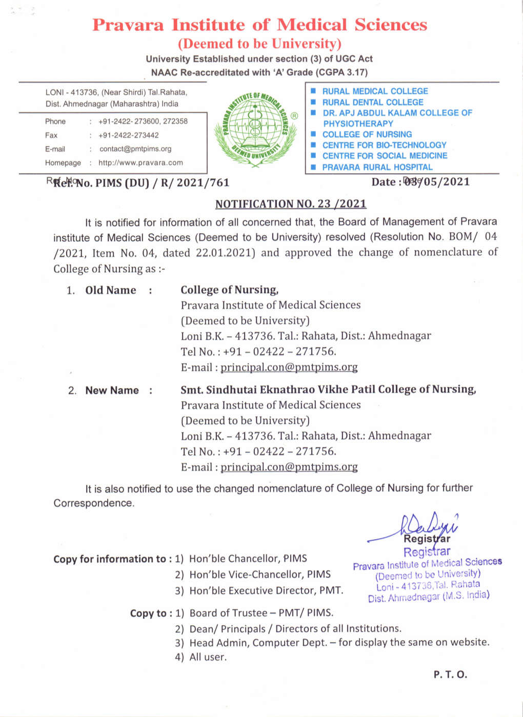 Change the Nomenclature of College of Nursing