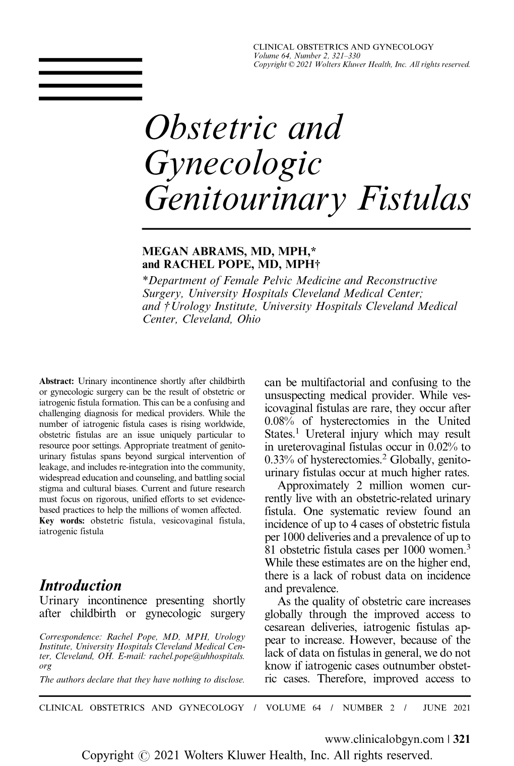 Obstetric and Gynecologic Genitourinary Fistulas