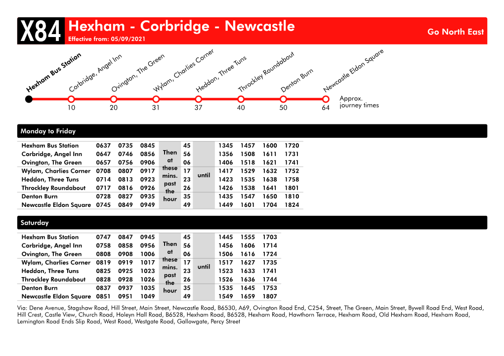 Hexham - Corbridge - Newcastle Go North East X84 Effective From: 05/09/2021