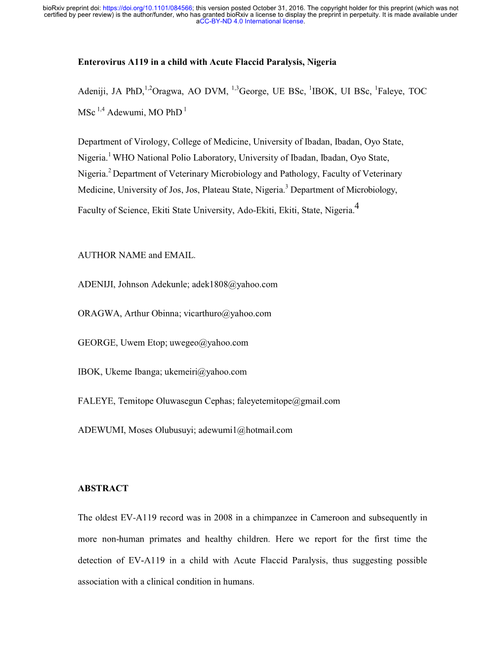 Enterovirus A119 in a Child with Acute Flaccid Paralysis, Nigeria Adeniji