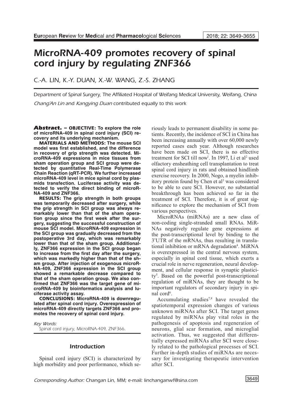 Microrna-409 Promotes Recovery of Spinal Cord Injury by Regulating ZNF366