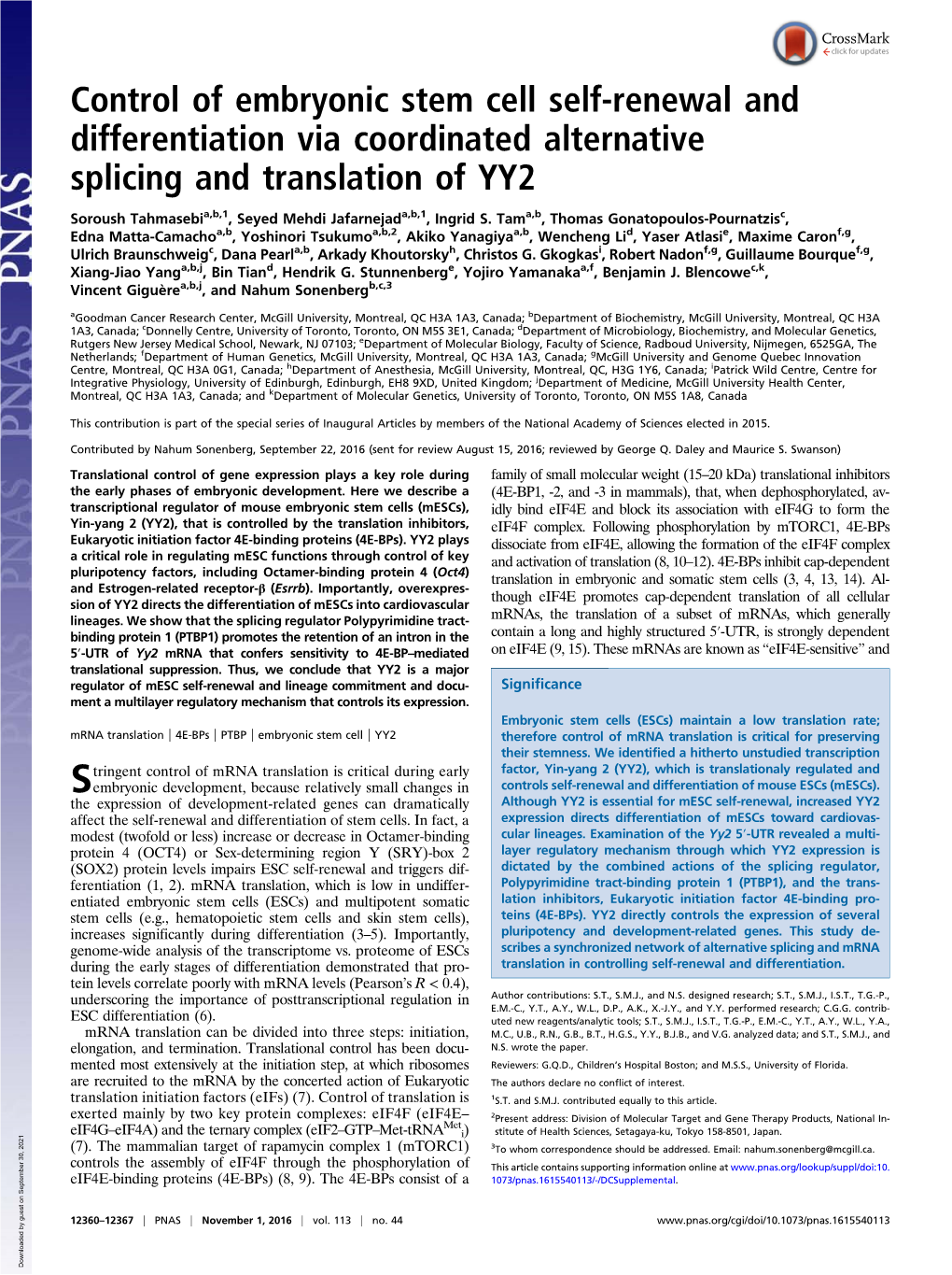 Control of Embryonic Stem Cell Self-Renewal and Differentiation Via Coordinated Alternative Splicing and Translation of YY2