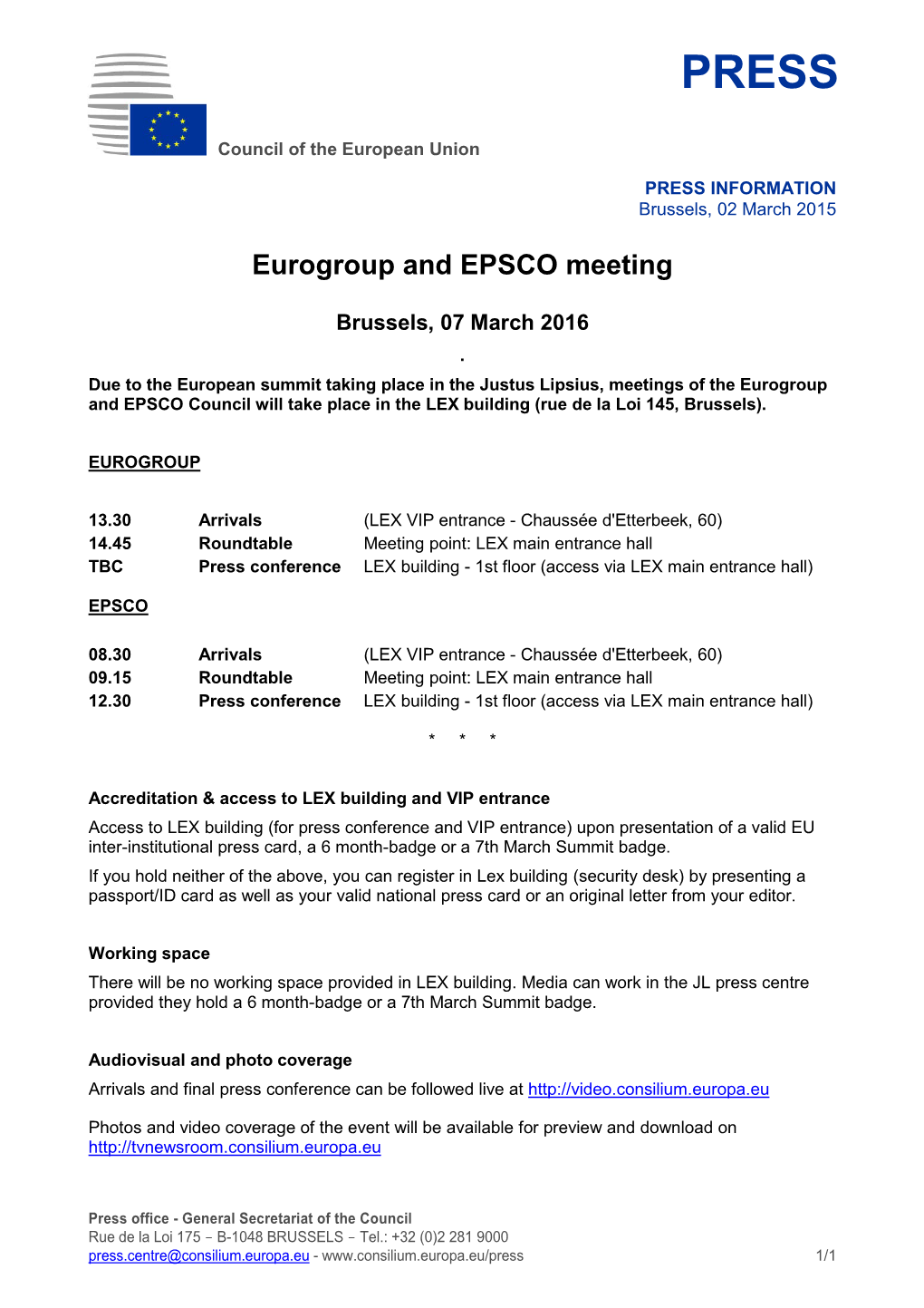 Media Advisory, Eurogroup, 7 March 2016