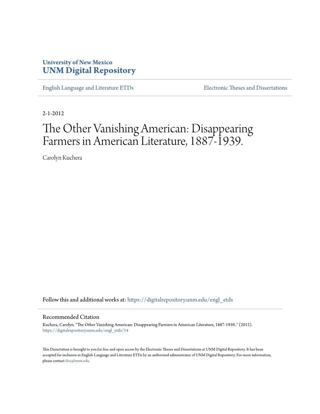 The Other Vanishing American: Disappearing Farmers in American Literature, 1887-1939