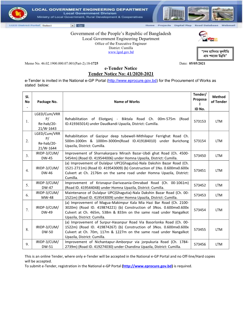 Government of the People's Republic of Bangladesh E-Tender Notice Tender Notice No: 41/2020-2021