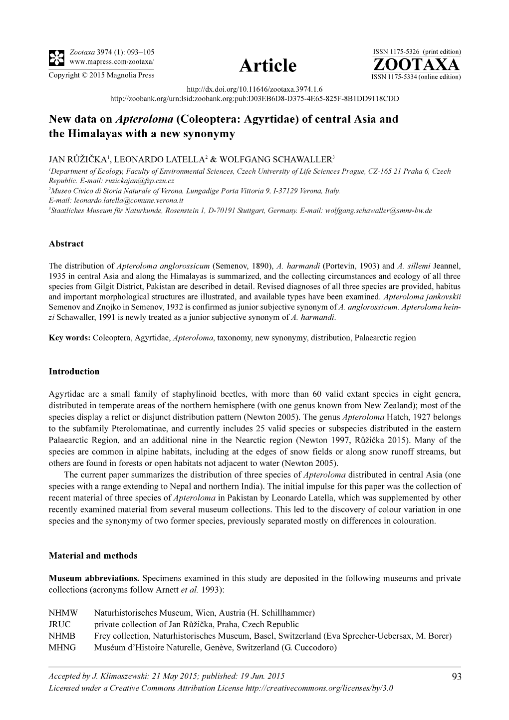 Coleoptera: Agyrtidae) of Central Asia and the Himalayas with a New Synonymy