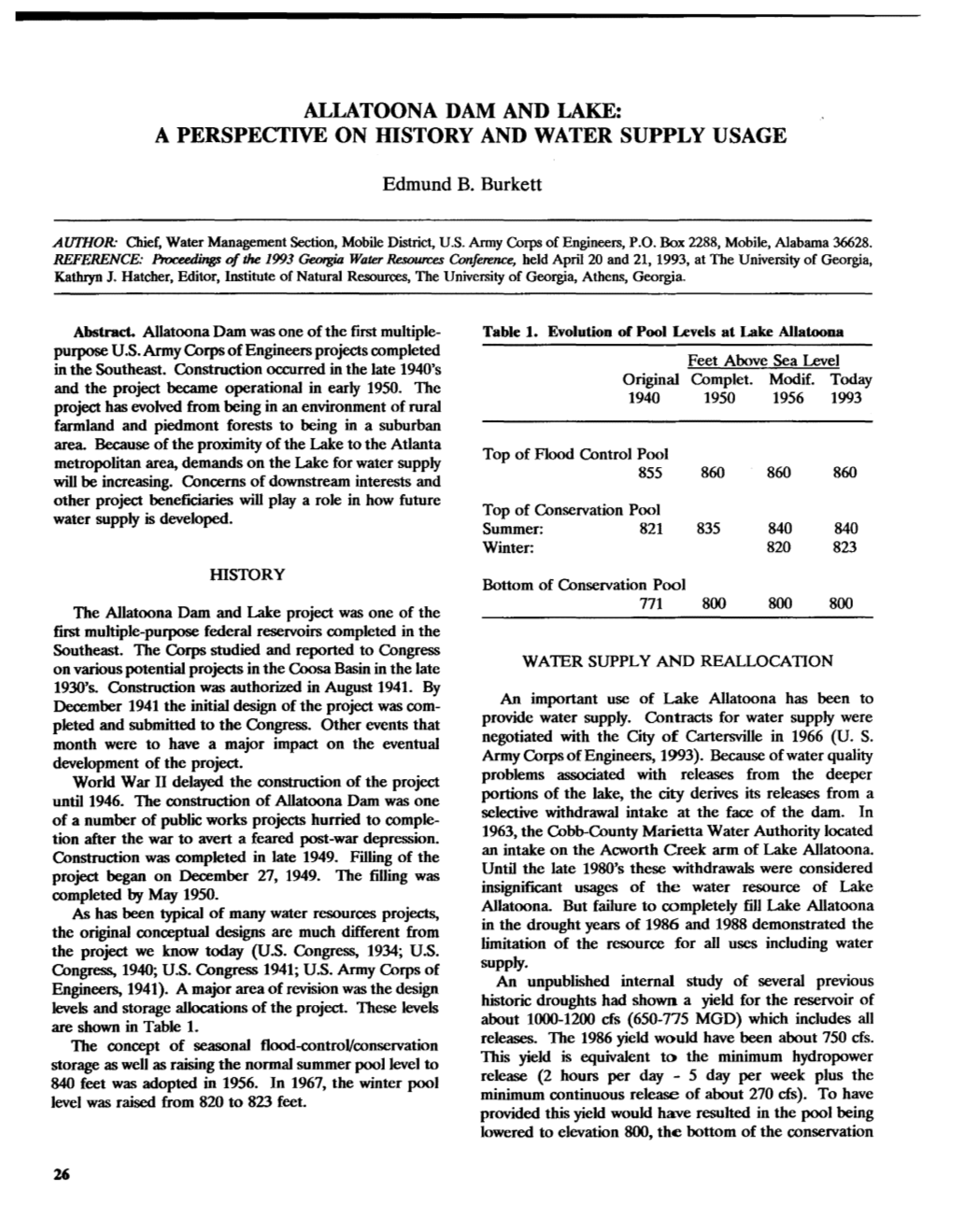 ALLATOONA DAM and LAKE: a PERSPECTIVE on Mstory and WATER SUPPLY USAGE