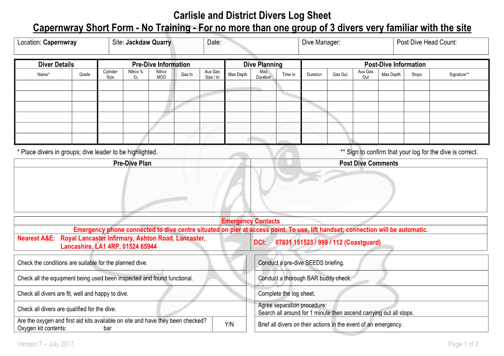 Dive Assessment & Log Sheet