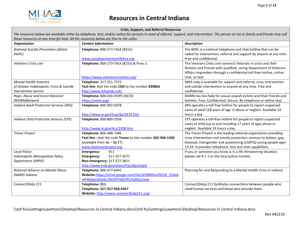 Resources in Central Indiana