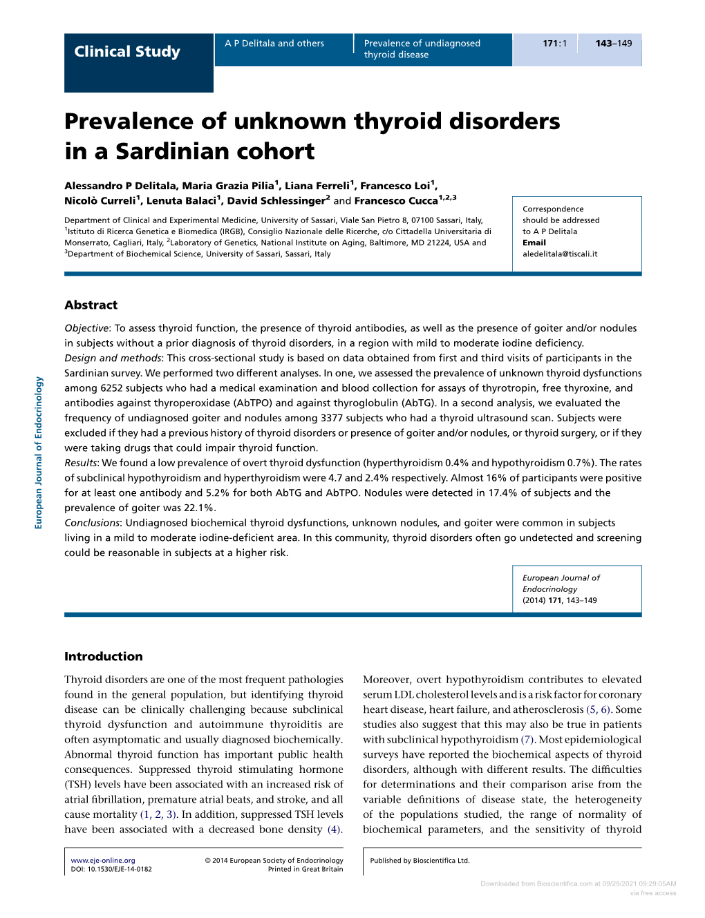 Prevalence of Unknown Thyroid Disorders in a Sardinian Cohort