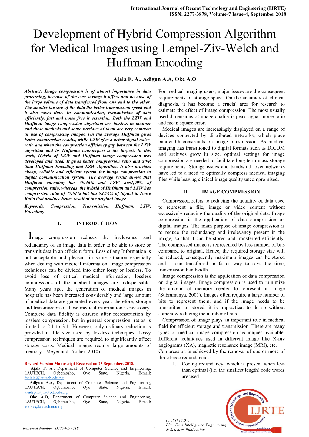 Development of Hybrid Compression Algorithm for Medical Images Using Lempel-Ziv-Welch and Huffman Encoding