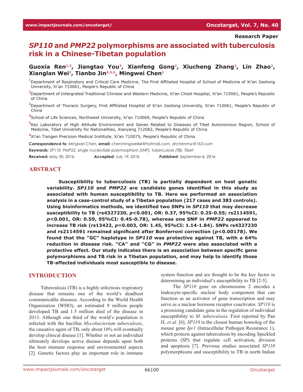 SP110 and PMP22 Polymorphisms Are Associated with Tuberculosis Risk in a Chinese-Tibetan Population