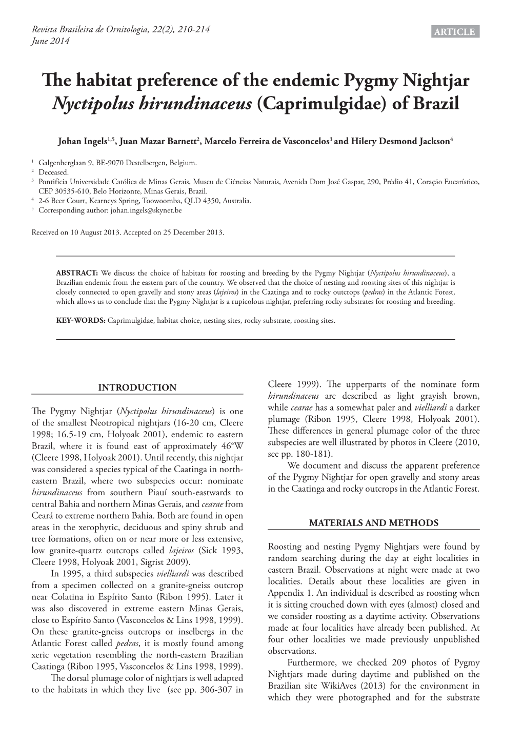 The Habitat Preference of the Endemic Pygmy Nightjar Nyctipolus Hirundinaceus (Caprimulgidae) of Brazil