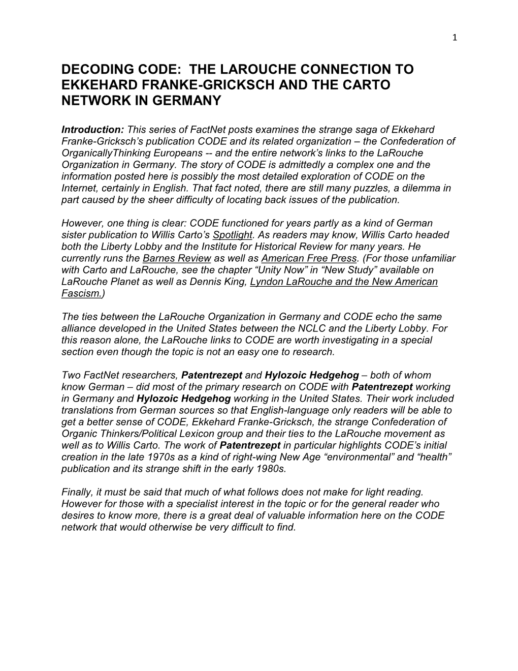 Decoding Code: the Larouche Connection to Ekkehard Franke-Gricksch and the Carto Network in Germany