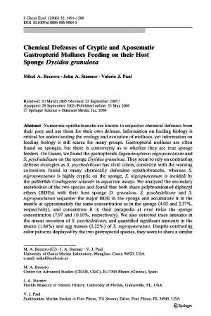 Chemical Defenses of Cryptic and Aposematic Gastropterid Molluscs Feeding on Their Host Sponge Dysidea Granulosa