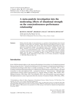 A Meta-Analytic Investigation Into the Moderating Effects of Situational Strength on the Conscientiousness–Performance Relationshipy