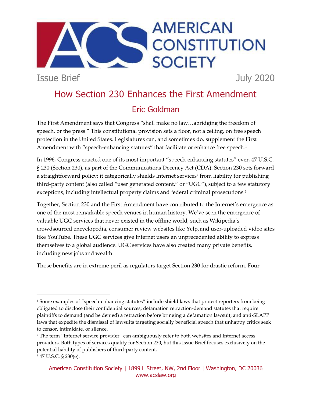 Issue Brief July 2020 How Section 230 Enhances the First Amendment